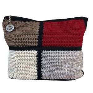 The Sak Hand Crochet Knit Color Block Red Black Tan Ivory Pouch Cosmetic Bag